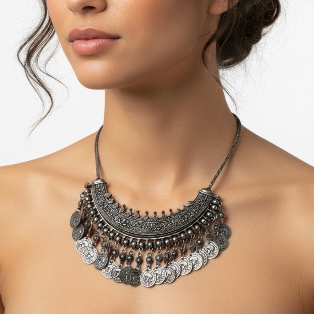 Boho Oxidized Silver Tone Tribal Coin Fringe Bib Necklace Statement Choker - Picture 1 of 14